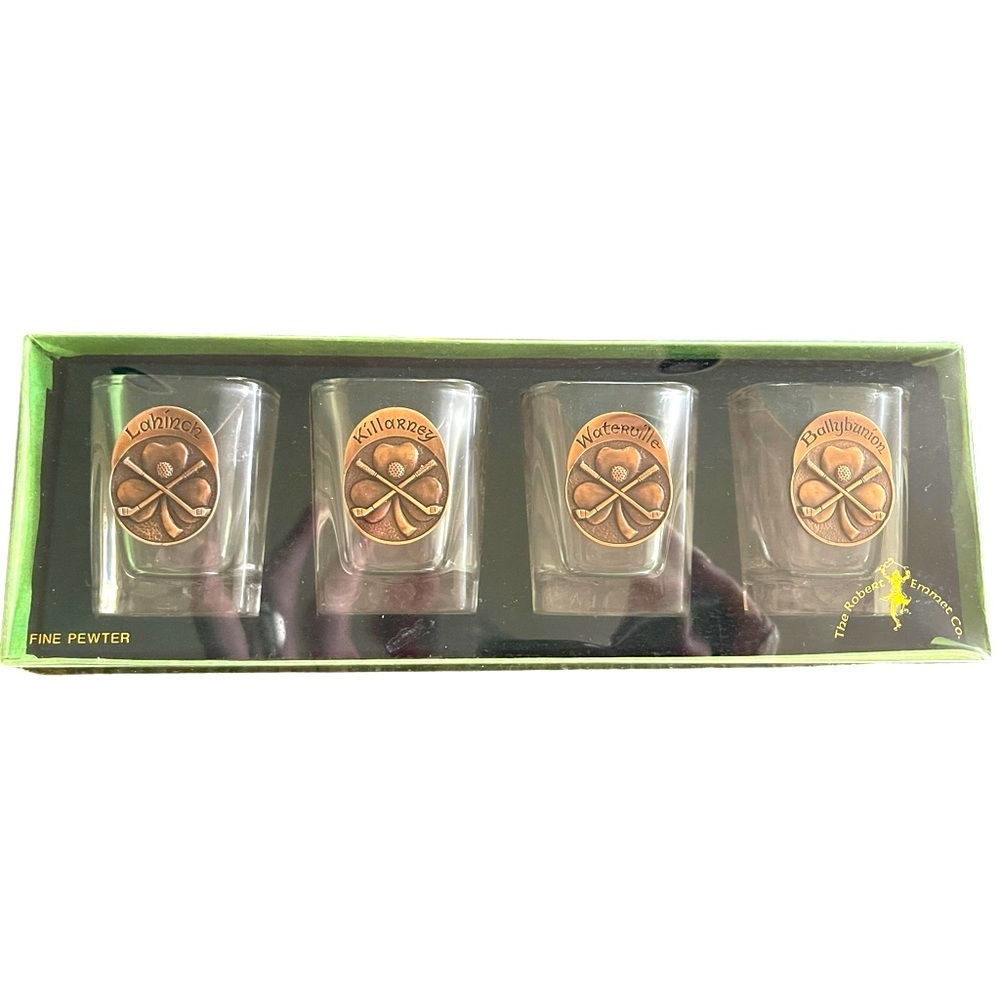 🔥⛳️The Robert Emmet Co. glass & pewter shot glass set of 4 from Ireland! 🇮🇪